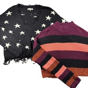 Express Women Cropped Sweater LOT Tattered Stars Stripes Preppy Grunge XS/S J137